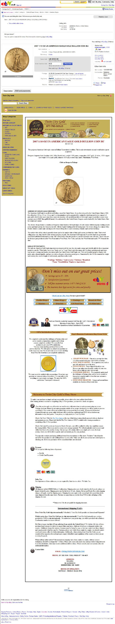 EstateJewelry66 Twin City Gold's eBay Listing using  Our 2007 US Gold Eagle Image